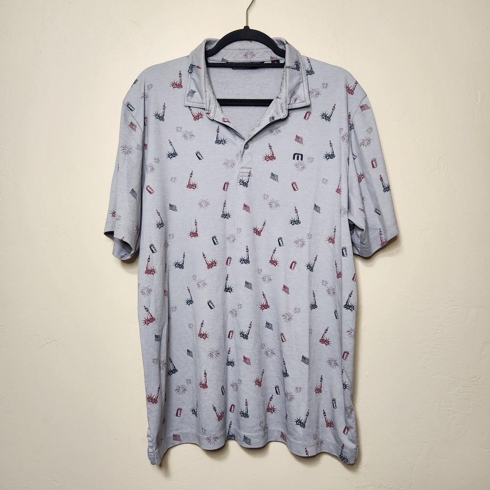 Travis Mathew Polo Shirt‎ Mens Size XL Gray Justice in Beer Golf Patriotic